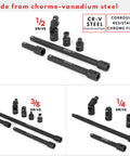 Pro Grade 18 Piece Impact Socket Extension Set with Universal Joints and Adapters 1/4 3/8 1/2 Inch Drive