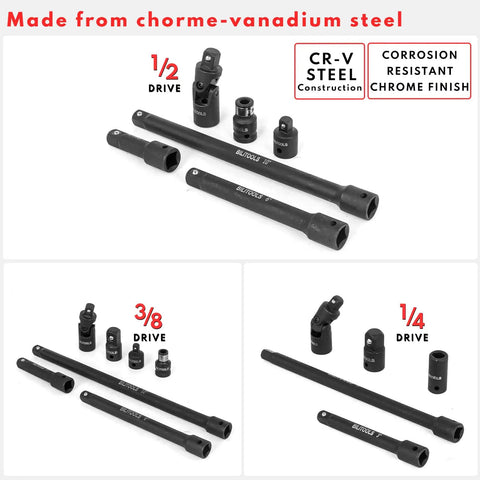 Pro Grade 18 Piece Impact Socket Extension Set with Universal Joints and Adapters 1/4 3/8 1/2 Inch Drive