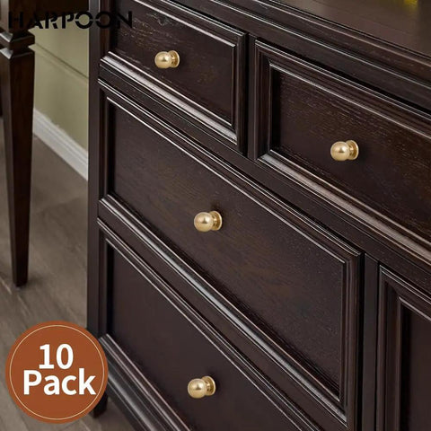 Champagne Gold Brushed Brass Cabinet Knobs 1 Inch Round Hardware, 10 Pack With Mounting Screws on dark wood dresser