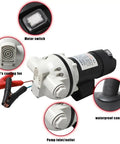 Heavy Duty 12V Def Transfer Pump Shreds Through Fluids With An Epic 10.6 Gpm Flow Rate For Smooth Diesel Exhaust Moves And Bulletproof Suction For Drums Ibc Tanks And Jobsites, showing motor switch, cooling fan, and pump inlet.