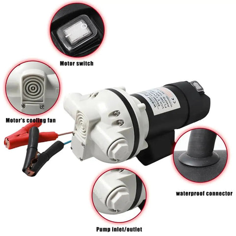 Heavy Duty 12V Def Transfer Pump Shreds Through Fluids With An Epic 10.6 Gpm Flow Rate For Smooth Diesel Exhaust Moves And Bulletproof Suction For Drums Ibc Tanks And Jobsites, showing motor switch, cooling fan, and pump inlet.