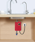 Compact Wall Mounted Tankless Electric Water Heater Featuring A Top Shelf 3000W Instant Hot On Demand setup under a kitchen sink.