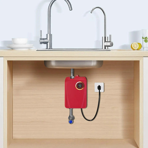 Compact Wall Mounted Tankless Electric Water Heater Featuring A Top Shelf 3000W Instant Hot On Demand setup under a kitchen sink.