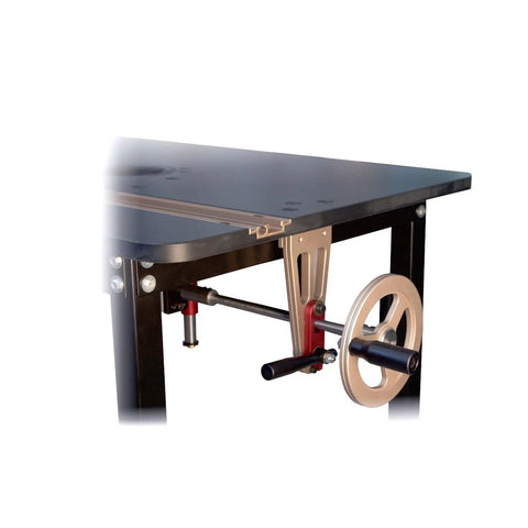 Dead Nuts Precise Router Lift For Workbenches Featuring Heavy Duty Sealed Bearings And Smart Tension Locking Rig designed for woodworking workbench with handwheel access.