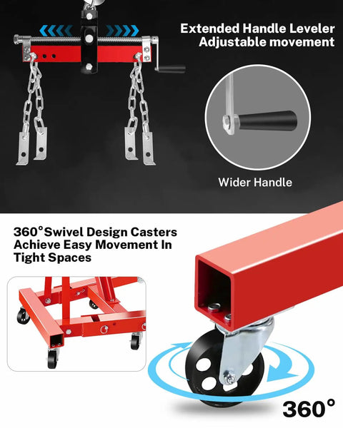 Heavy Duty 2 Ton Hydraulic Engine Hoist Crane With Manual Lever And Compact Folding Design Featuring Four Versatile Boom Positions Rock Solid Locking Wheels for adjustable handle and 360° swivel casters.