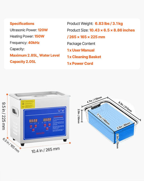 Front view of VEVOR 3L ultrasonic cleaner with stainless steel tank and blue digital control panel