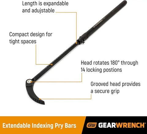 Image showing 29 To 48 Inch Extendable Pry Bar With 180 Degree Rotating Head Featuring 14 Locking Positions And Compact Design.