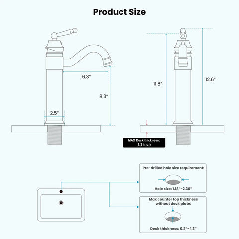 Diagram showing dimensions of Antique Brass Bathroom Vessel Sink Faucet With Long Reach Single Handle Deck Mounted Mixer Tap For 1 Hole Installation Pop Up Drain Filtered Spout Rust Resistant Brass Construction Easy Hot And Cold Control