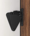 Barn Door Lock Hardware Black Steel Sliding Privacy Latch Installed on Wood and White Surface, Durable Carbon Steel with Black Powder Coat Finish