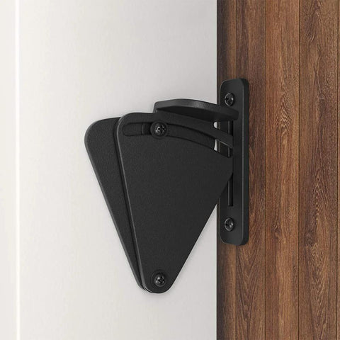 Barn Door Lock Hardware Black Steel Sliding Privacy Latch Installed on Wood and White Surface, Durable Carbon Steel with Black Powder Coat Finish