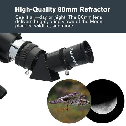 80mm Travel Scope Telescope Kit With Backpack And Smartphone Adapter For Beginners, Crisp Views Of The Moon And Planets, Lightweight Refractor With Fully Coated Glass Lenses, Travel Ready Gear For Daytime Skies And Easy Astronomy showing 80mm refractor eyepiece and moon/wildlife view