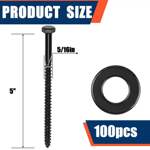 100 Pack 5/16 X 5 Inch Hex Head Lag Bolts For Wood And Ceramic With Black Coated Finish And 100 Washers