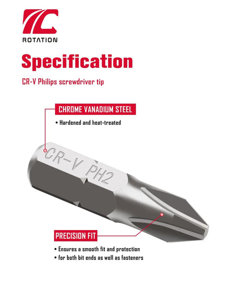 Close-up of 30 Piece PH2 Phillips Bit Set for Impact Drivers, chrome vanadium steel construction, precision-machined tip
