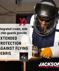 Worker using MAXVIEW Premium Face Shield With 370 Speed Dial Headgear For Grinding And Cutting ANSI Z87 1 Safety