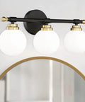 Black And Gold 3 Light Bathroom Vanity Light Over Mirror With White Glass Shades Dimmable LED G9 Bulbs Compatible Wall Mount Vanity Bar 17 Inch Long Easy Install Dope Modern Bath Fixture For Home
