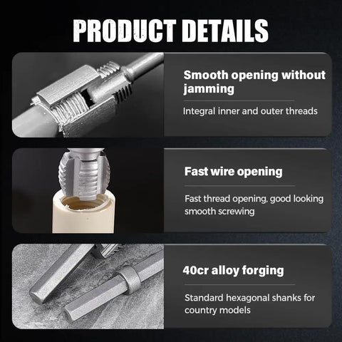 Heavy Duty Electric Drill Pipe Threader Kit For 1/2 Inch And 3/4 Inch PVC Pipes With Multi-Size Dies, showing smooth and fast thread openings.