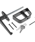 Heavy Duty Shed Door Latch L-Handle Lock Kit With 2 Keys For Barn Doors, visible components include handle, screws, and keys.
