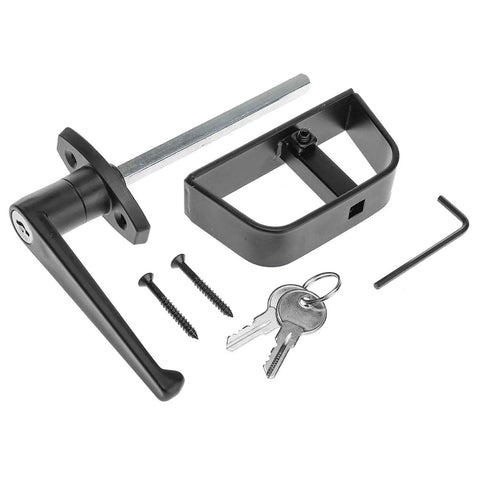 Heavy Duty Shed Door Latch L-Handle Lock Kit With 2 Keys For Barn Doors, visible components include handle, screws, and keys.