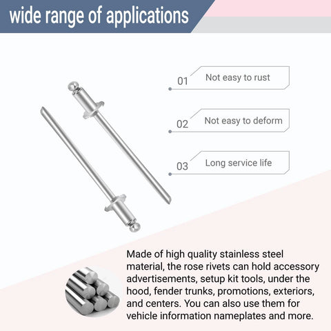 Stainless Rosette Rivets For VIN Door Tags Fits Ford Chrysler AMC GM Cars 2 Pack shown with usage benefits and application range.