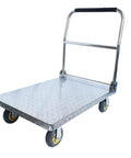 Heavy Duty Steel Platform Truck Cart With 5 Inch Wheels Foldable Flatbed Dolly side view with diamond plate surface and handle.