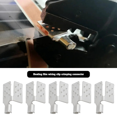 Front view of 10 metal crimp connector mounting clamps for infrared heating foil installation