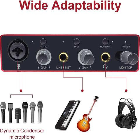 Front panel of 2x2 USB Audio Interface With Mic Preamplifier And 48V Phantom Power for studio recording with instruments and mics.