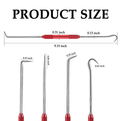Diagram of Carbon Steel Hook And Pick Set For Auto Repair, Double Ended Tool With Four Heads, Universal O Ring Pick, Red.