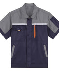 Mens Short Sleeve Work Jacket Built Like A Tank For The Daily Grind With Bright Reflective Stripes And Smooth Front Zip Breathable Auto Mechanic Uniform Gray Navy Blue Contrast, front view, gray navy color.
