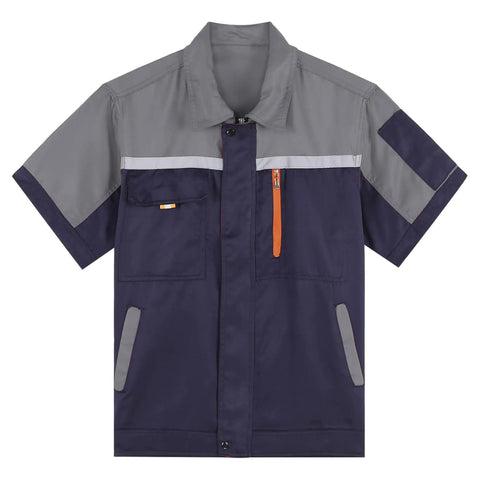Mens Short Sleeve Work Jacket Built Like A Tank For The Daily Grind With Bright Reflective Stripes And Smooth Front Zip Breathable Auto Mechanic Uniform Gray Navy Blue Contrast, front view, gray navy color.
