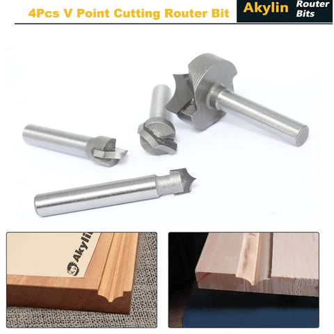 Four Piece One Quarter Inch Shank Roundover Plunge Router Bit Set with various cutting diameters and radii on display.