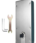 Glass Door Hinge Closer With Steel Floor Mount Hydraulic Buffer Ground Hinge, silver finish, shown with installation tools.