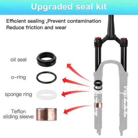 Ultralight 120mm Front Suspension Fork For 26 27.5 And 29 Inch Mountain Bikes One Eighth To One And A Half Inch Tapered Steerer 9mm Quick Release Manual Lockout Smooth Responsive Ride For XC And All Mountain with upgraded seal kit highlighting oil seal, o-ring, sponge ring, and Teflon sliding sleeve.