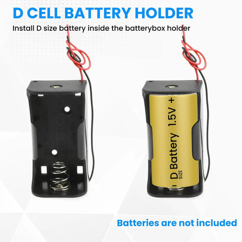 Built Tough D Cell Battery Holder 2 Pack 1.5V External Power Case with copper contacts and six inch wire leads.