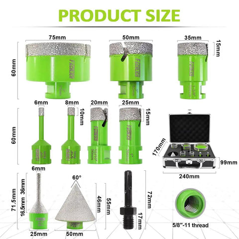 Diamond Core Drill Bit Set For Porcelain Ceramic Tile Granite Marble, Pro Grade 10 Piece Hole Saw Kit sizes and case display