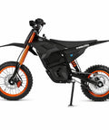 Side view of Trail-Ready Electric Dirt Bike For Adults With 3000W Peak Motor 40 MPH Top Speed 48V Battery 53 Mile Range in orange and black