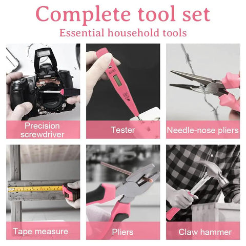 Pink 103 Piece DIY Tool Kit In A Compact Storage Case Built For Women And Beginners featuring tools for everyday repairs