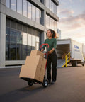 Woman using convertible hand truck dolly cart built to haul heavy stuff with four wheels near logistics truck.