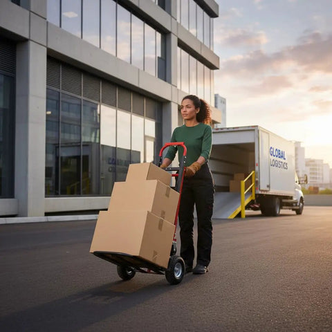 Woman using convertible hand truck dolly cart built to haul heavy stuff with four wheels near logistics truck.