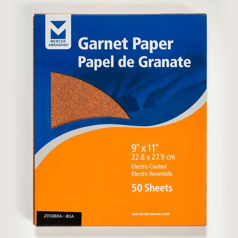 Package of 9x11 Garnet Sandpaper Sheets A-Weight Latex Backed 80 Grit, 50 Pack For Wood Sanding, General Purpose Finish