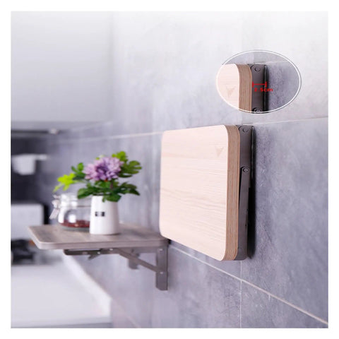 Beefy Stainless Steel Foldable Triangular Bracket Set 2 Pack Wall Mount supporting a wooden shelf in a kitchen setup.