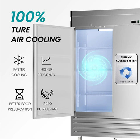 Shop Grade 54 Inch Stainless Steel Upright Freezer With Dual Solid Doors And Heavy Duty Casters For Quick Kitchen Or Garage Layout Featuring Efficient Airflow Temp Range And Rock Solid Workhorse Performance showing dynamic cooling system and interior.