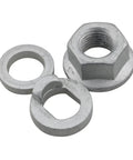 Rock Solid M12 And M14 Hub Motor Nut With Axle Screw Covers And Rubber Washers For E Bike Center Shaft Lock Replacement Fits 250W To 500W Electric Bikes Seamless Fit, includes steel nut and washers.