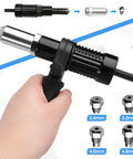 Hand holding Pro Rivet Gun Adapter Kit for Cordless Drills with four jaw heads 2.4mm, 3.2mm, 4.0mm, 4.8mm