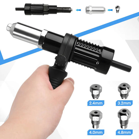 Hand holding Pro Rivet Gun Adapter Kit for Cordless Drills with four jaw heads 2.4mm, 3.2mm, 4.0mm, 4.8mm