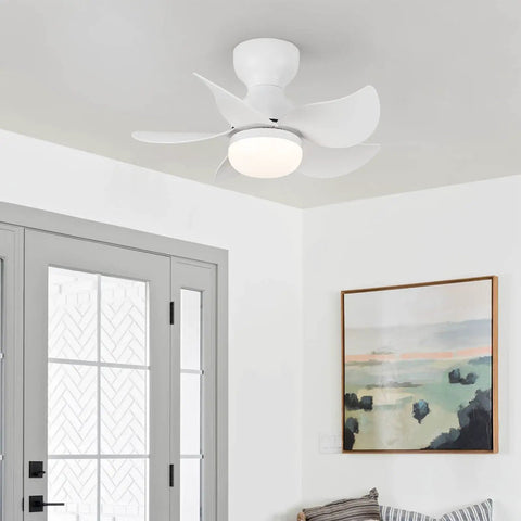Living room with Dope 24 Inch Flush Mount Ceiling Fan With Light Kit, Remote Control, 5 Blades, Low Profile White Indoor Ceiling Fan