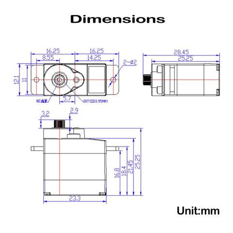 Technical diagram showing dimensions of Beefy Lightweight Digital Servo 6V Serial Bus Single Axis Programmable Robot Servo with TTL Feedback.