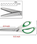 Green Pinking Shears With Comfort Grips For Zigzag Cutting Durable Sewing Scissors For Fabric Linings Paper Leather And Craft Projects Pro Grade Handheld Dressmaking Tool For Home And Studio, showing stainless steel blades and ergonomic green handles, dimensions 9.5 x 4.0 inches.