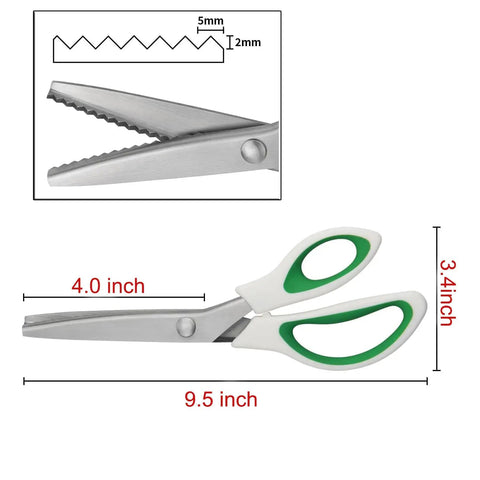 Green Pinking Shears With Comfort Grips For Zigzag Cutting Durable Sewing Scissors For Fabric Linings Paper Leather And Craft Projects Pro Grade Handheld Dressmaking Tool For Home And Studio, showing stainless steel blades and ergonomic green handles, dimensions 9.5 x 4.0 inches.