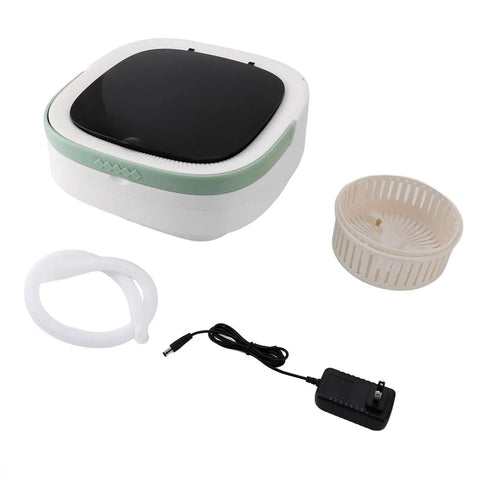 Super Portable 12L Mini Washing Machine And Foldable Spin Dryer, features compact design, drain tub, and power adapter.