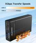 Tool Free Dual Bay External Hard Drive Enclosure For 2.5 Inch SATA SSD HDD With USB 3.0 UASP showcasing 5Gbps transfer speeds.